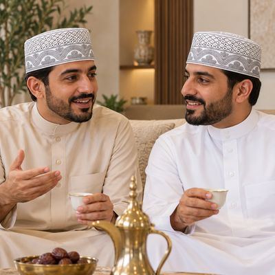 رجلان في مجلس يرتديان طواقي مطرّزة